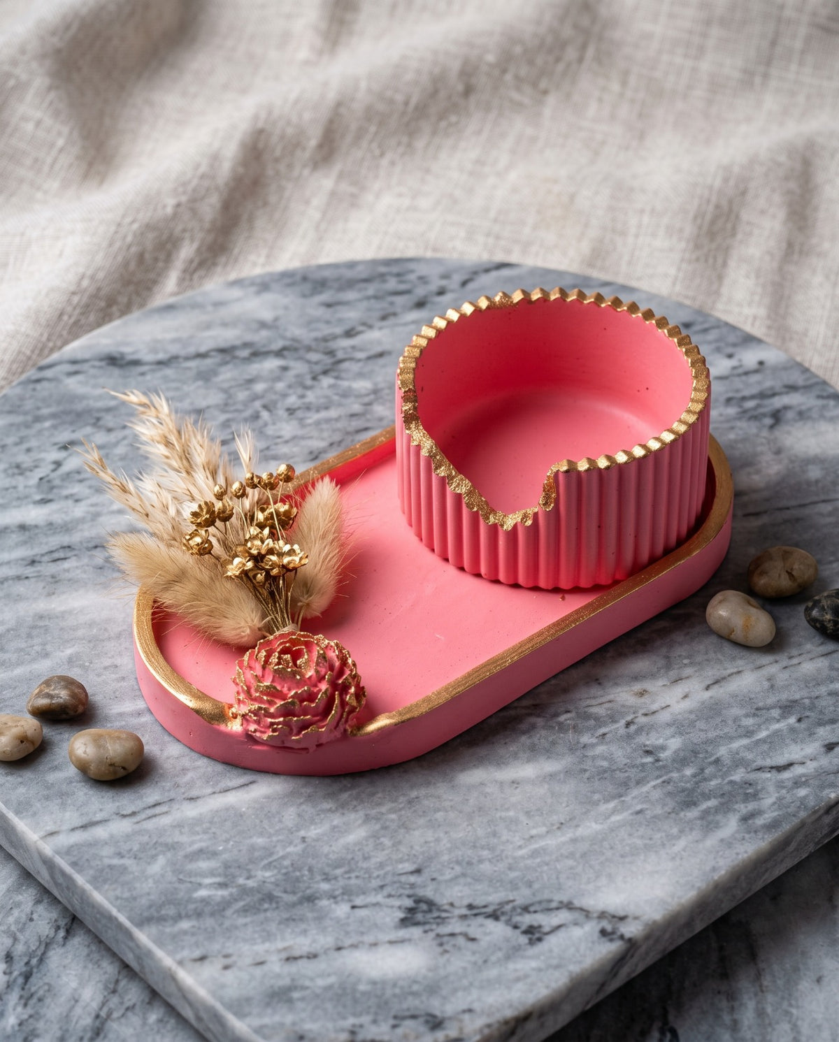Handcrafted Blush Pink Floral Trinket Tray with Gold Accents