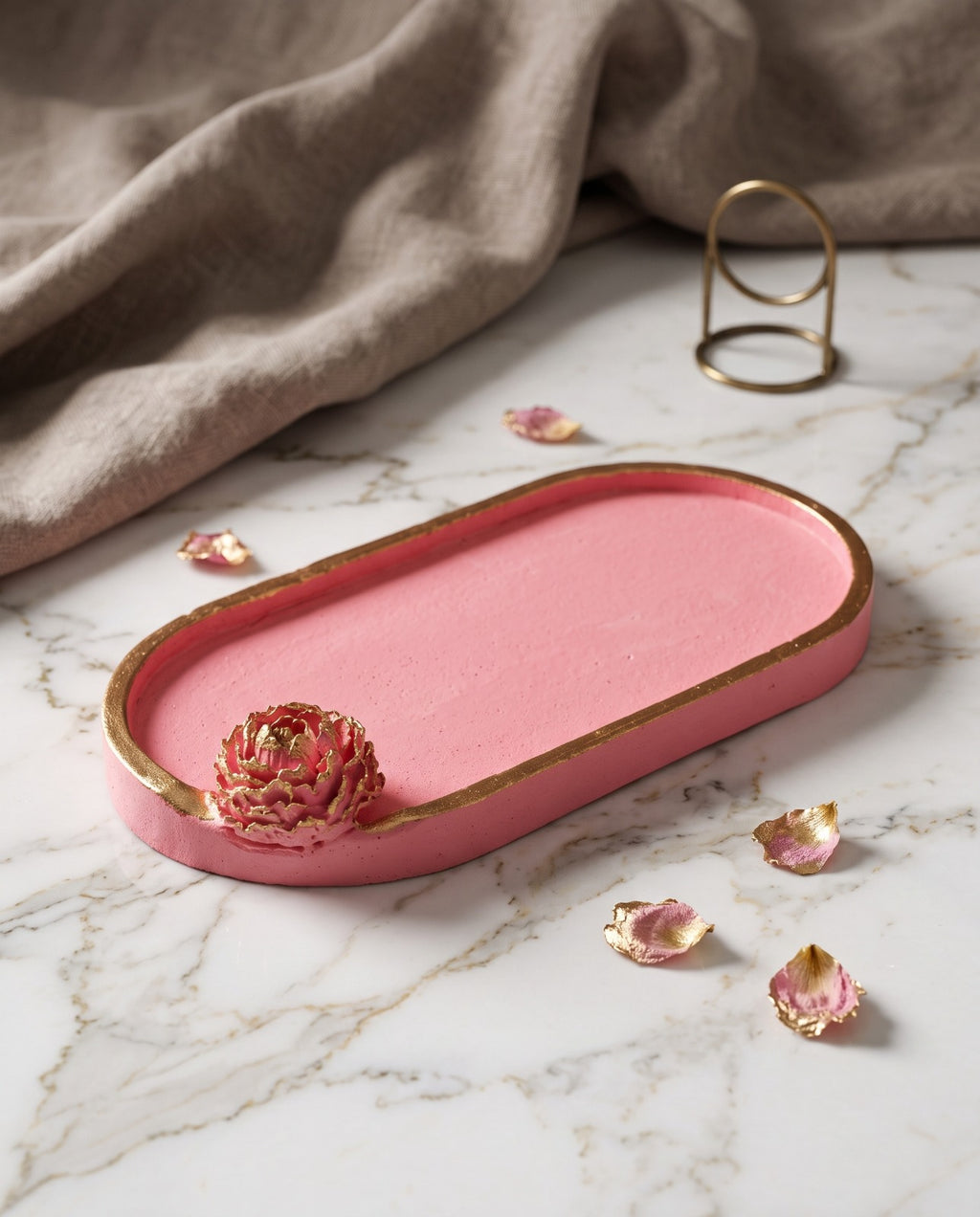 Handcrafted Blush Pink Floral Trinket Tray with Gold Accents